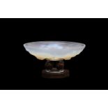 Etling, France An opalescent moulded glass dish with floral pattern, mounted to a rosewood and