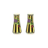 Charles Catteau (1880-1966) Two tapering cylindrical black and yellow glazed ceramic vases decorated