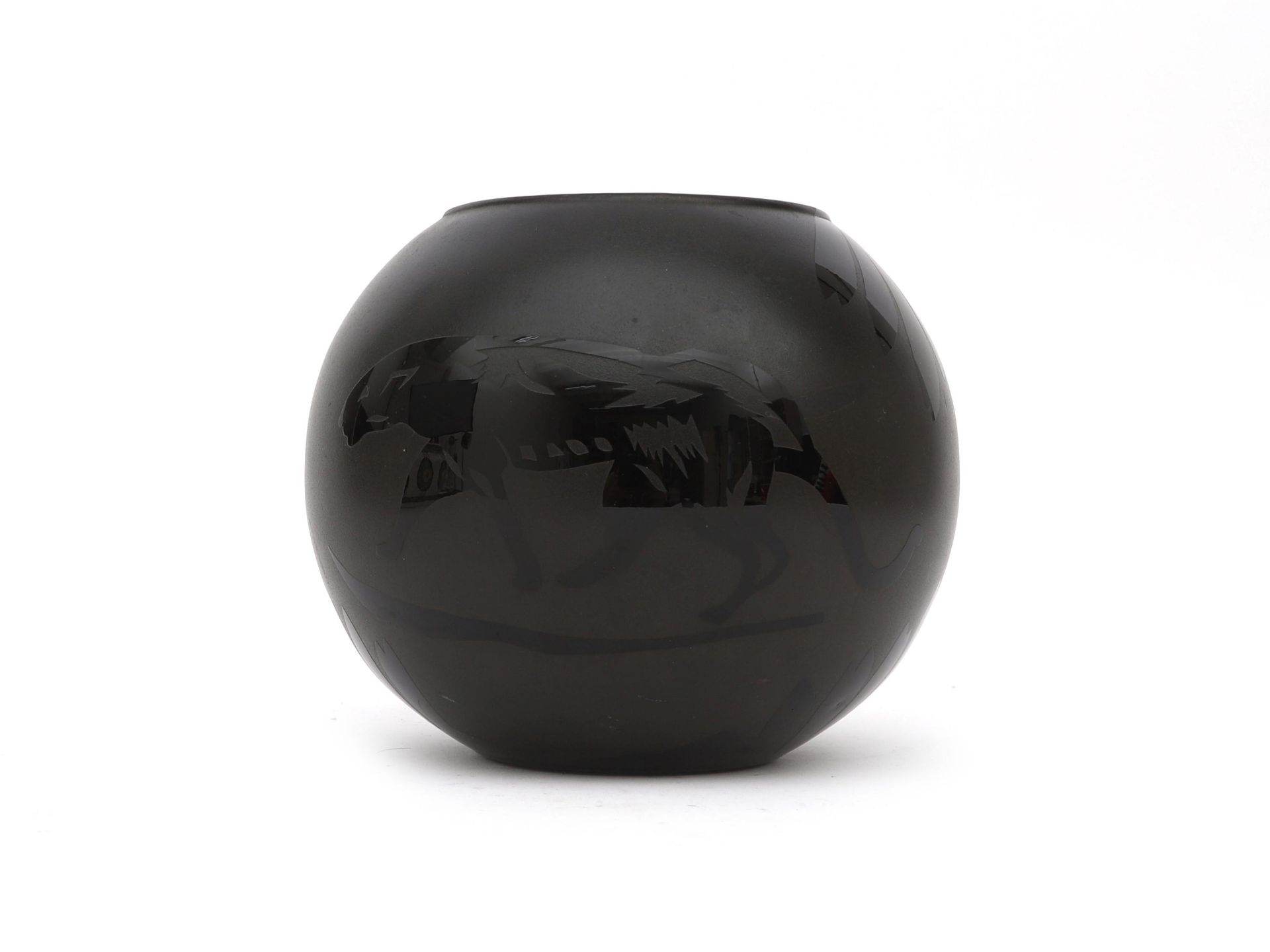 Paul Heller (1914-1995) A globular black glass vase with etched body and on two sides a stylized