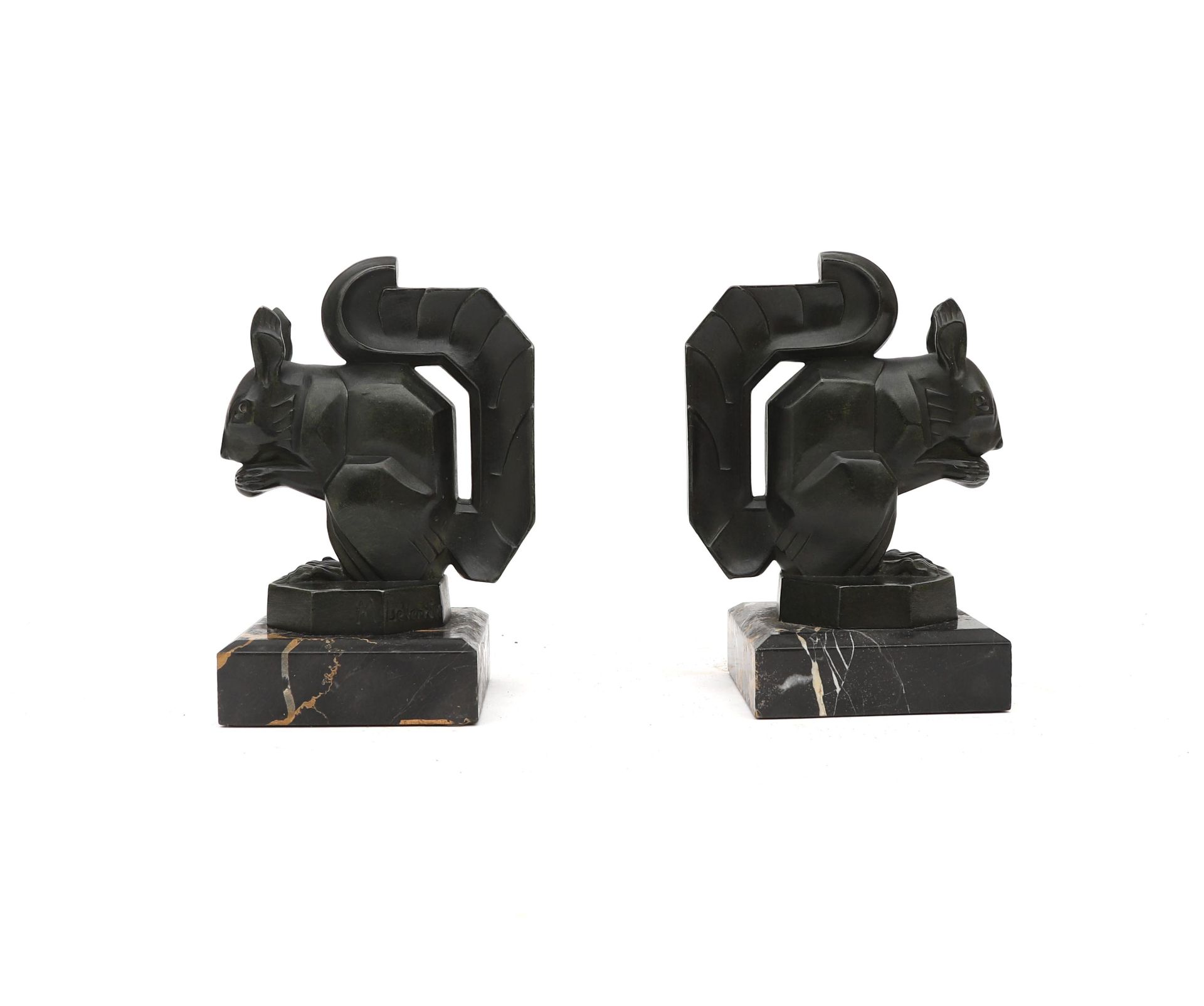 Max Le Verrier (1891-1973) A pair of bronzed metal bookends on black marble bases, both with moulded - Bild 3 aus 4