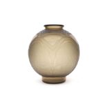Schneider A smoke coloured globular glass vase on cylindrical base, decorated with etched angular