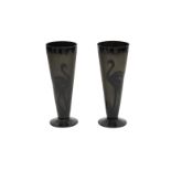 Paul Heller (1914-1995) A pair of black glass vases with etched body and pattern of a flamingos,