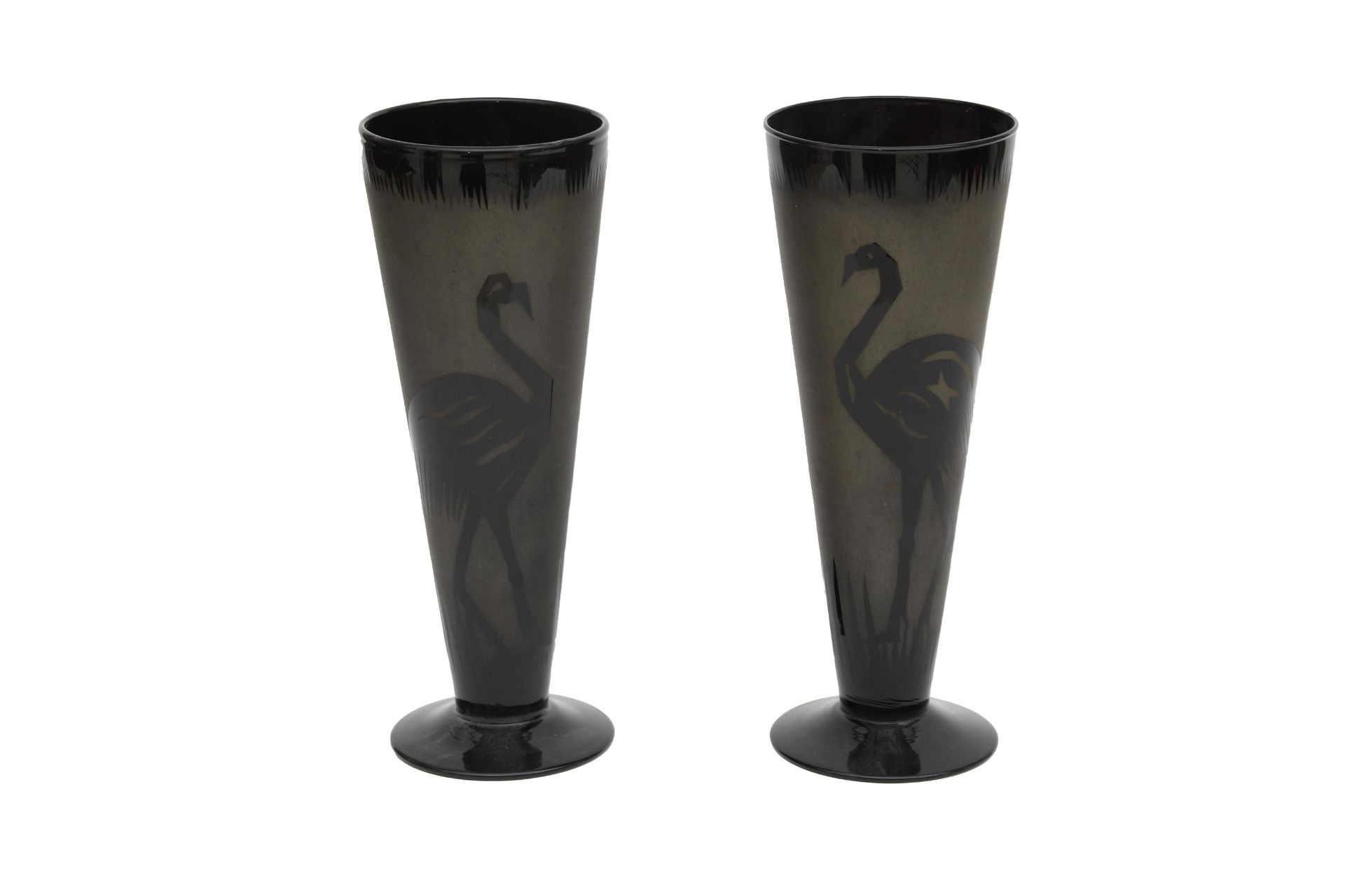 Paul Heller (1914-1995) A pair of black glass vases with etched body and pattern of a flamingos,