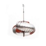 In the manner of Henri Mathieu. A metal hanging lamp composed of lamellae, orange lacquered to the
