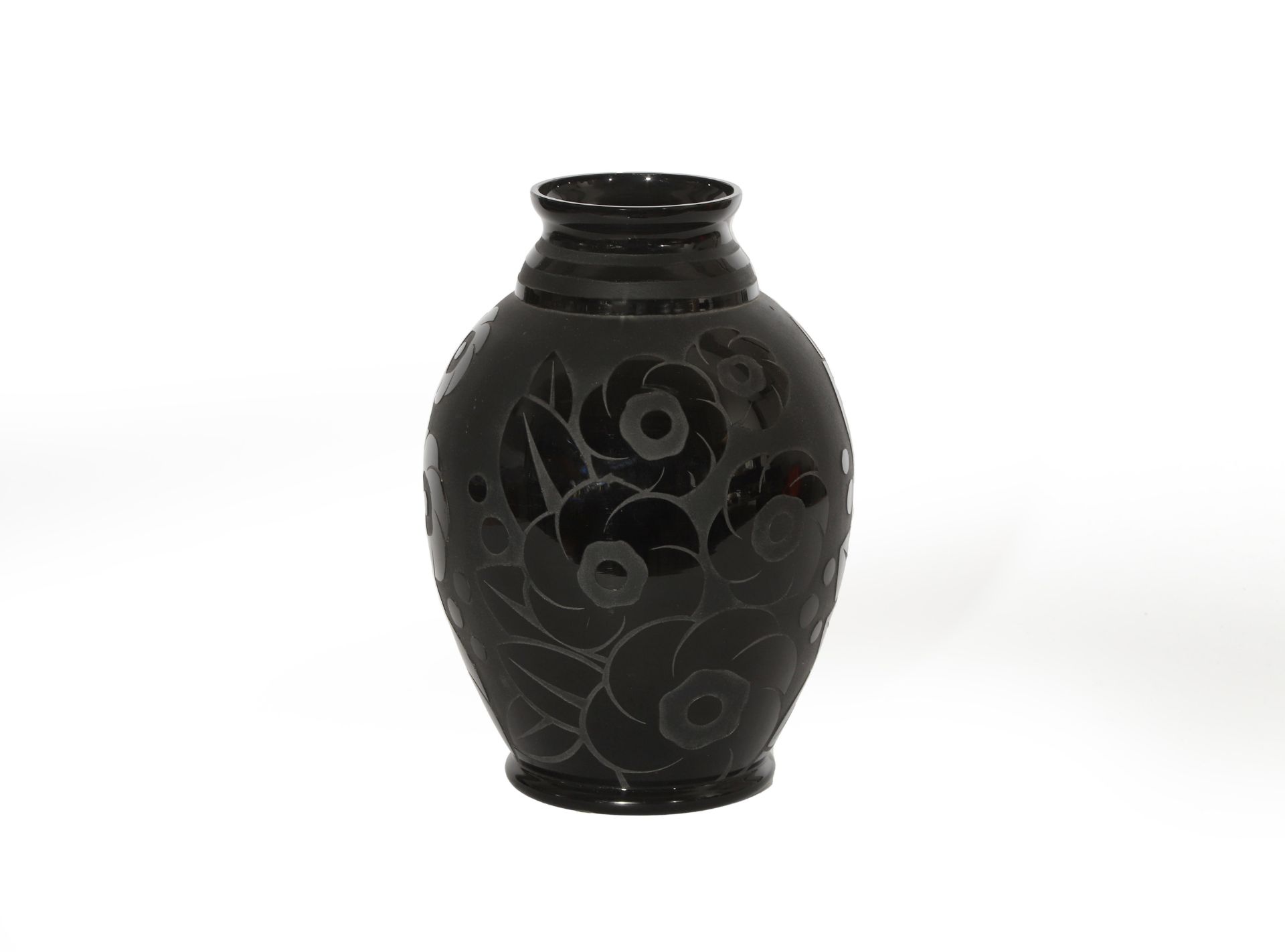 Paul Heller (1914-1995) A black glass vase with etched body and stylized floral pattern, produced by