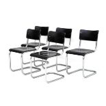 Thonet Five chromium plated tubular steel chairs with black lacquered plywood seats and backrests,