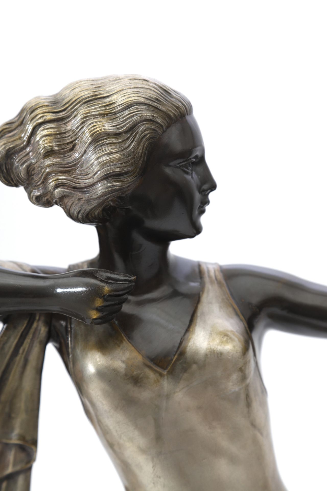Molins A patinated and silver-coloured bronze sculpture, possibly depicting 'Diana', on oval stone - Image 2 of 4
