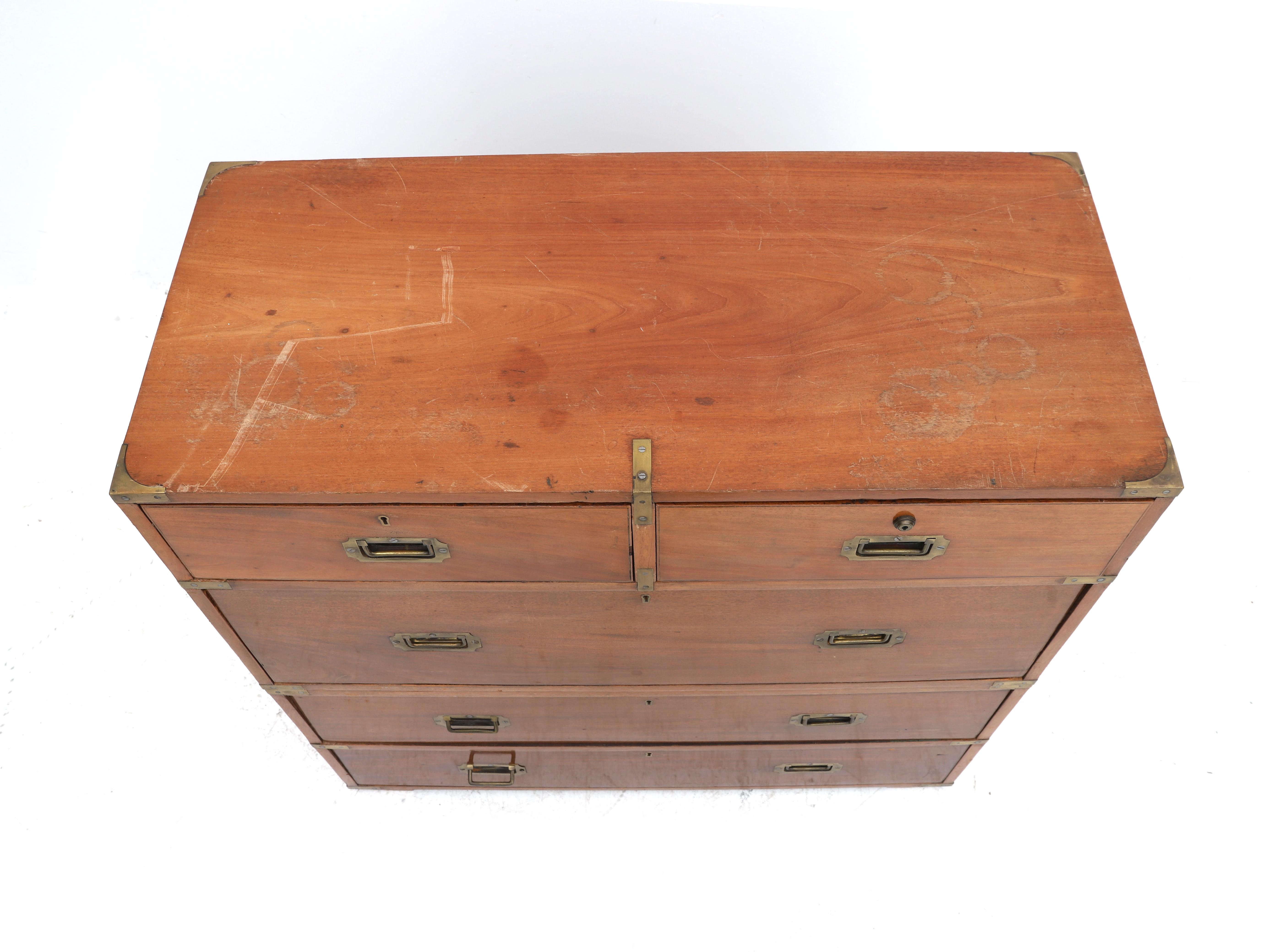 A Camphor Campaign chest of drawers signed on the lock of the right drawer of the top row, Bramah - Image 4 of 4