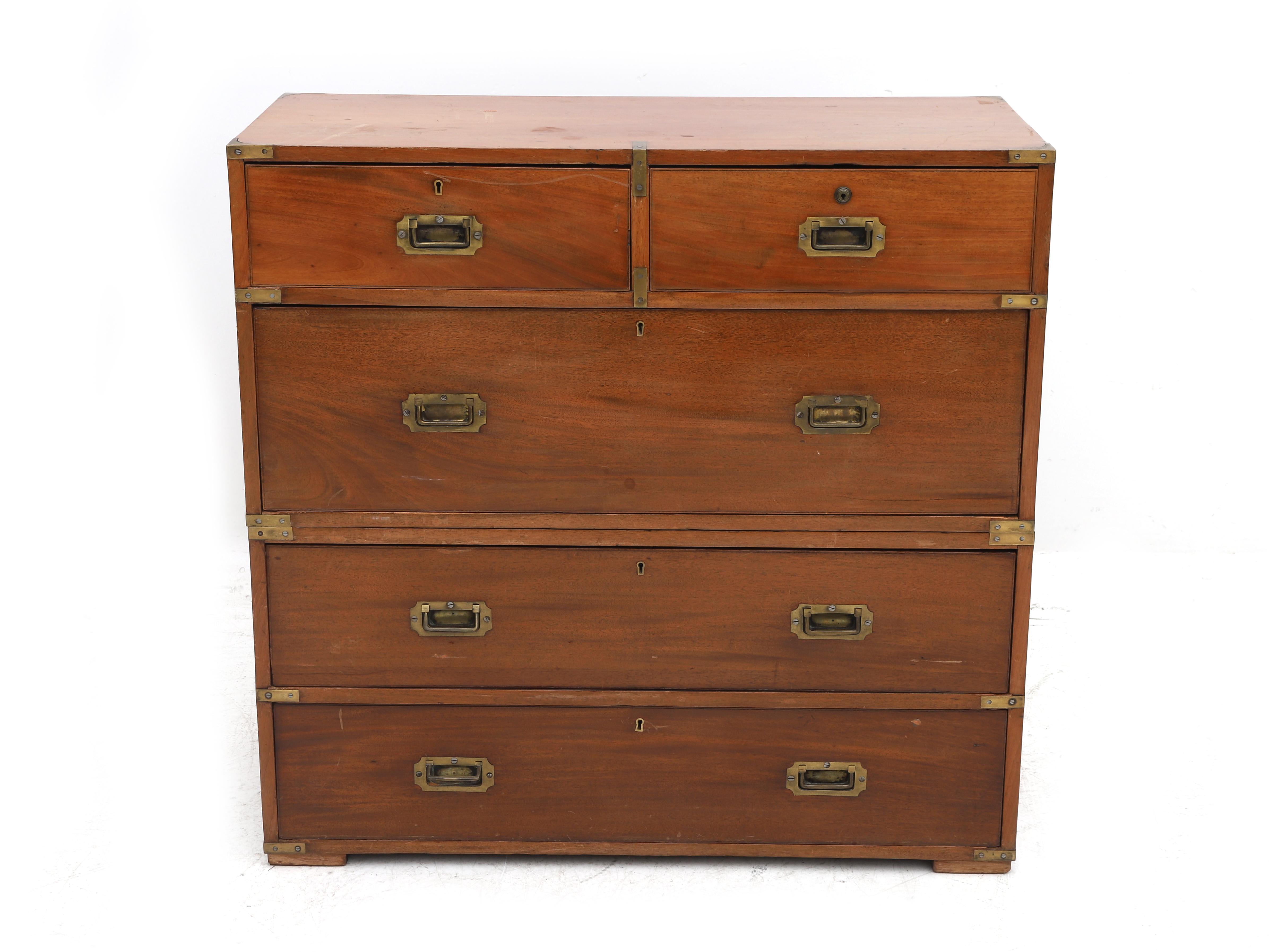 A Camphor Campaign chest of drawers signed on the lock of the right drawer of the top row, Bramah