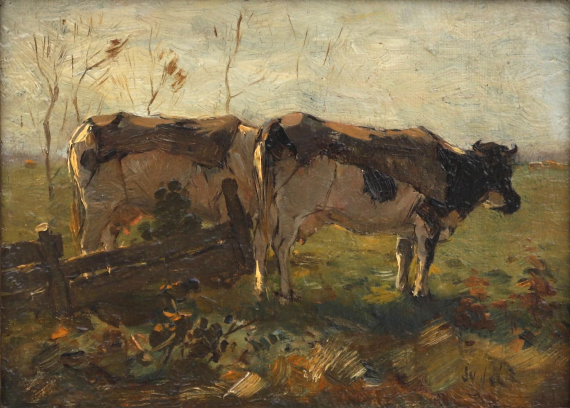Joseph Gerardus van Jole (1877-1919) "Two cows in the meadow", signed l.r. Olieverf op doek, 15,5