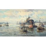 Evert Moll (1878 - 1955) A view of the Rotterdam harbor with steamship and various inland cargo