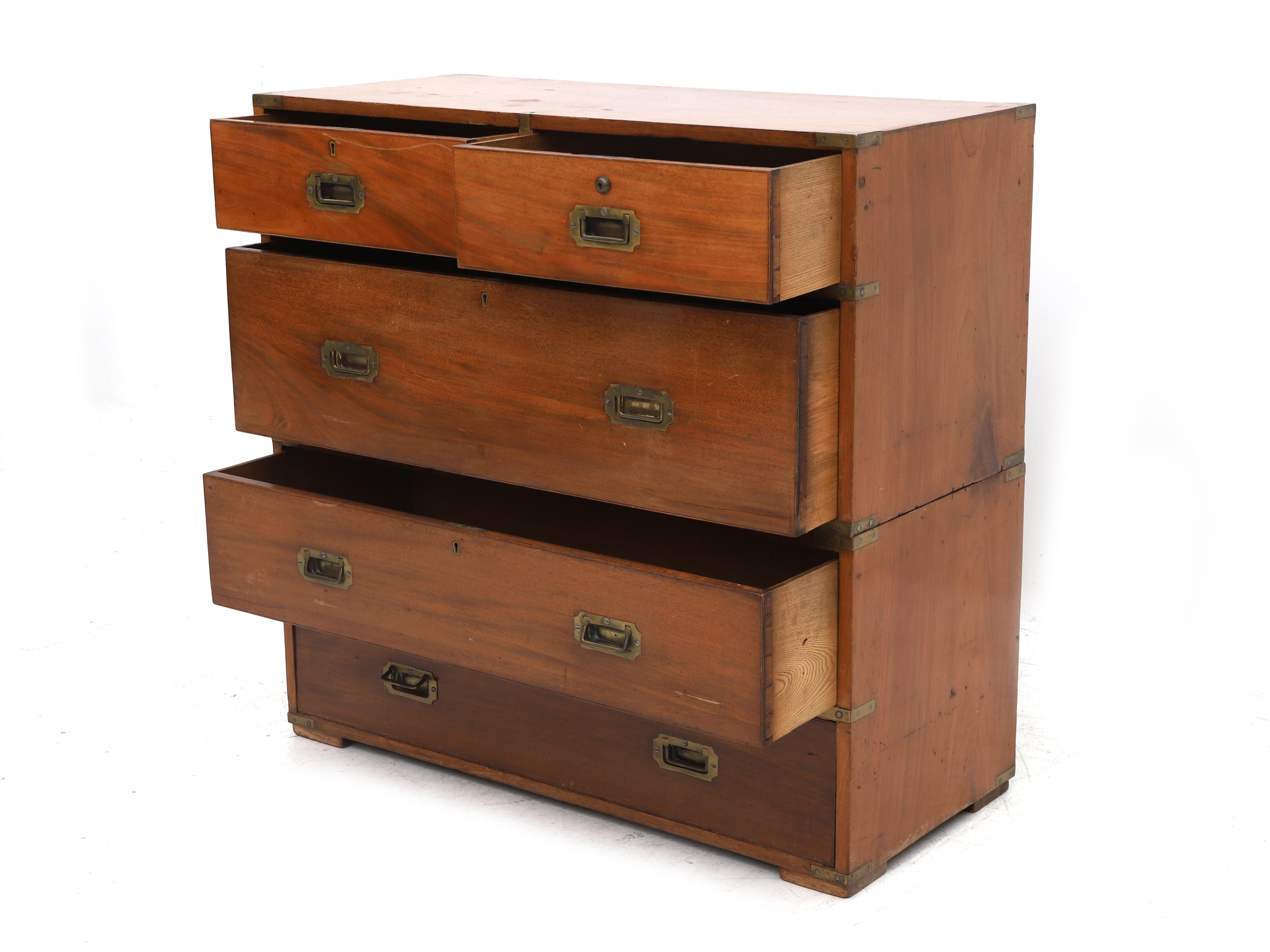 A Camphor Campaign chest of drawers signed on the lock of the right drawer of the top row, Bramah - Image 3 of 4