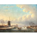 Hollandse school, 19e/ begin 20ste eeuw 'Winter landscape with sales stall', unsigned, oil on panel.