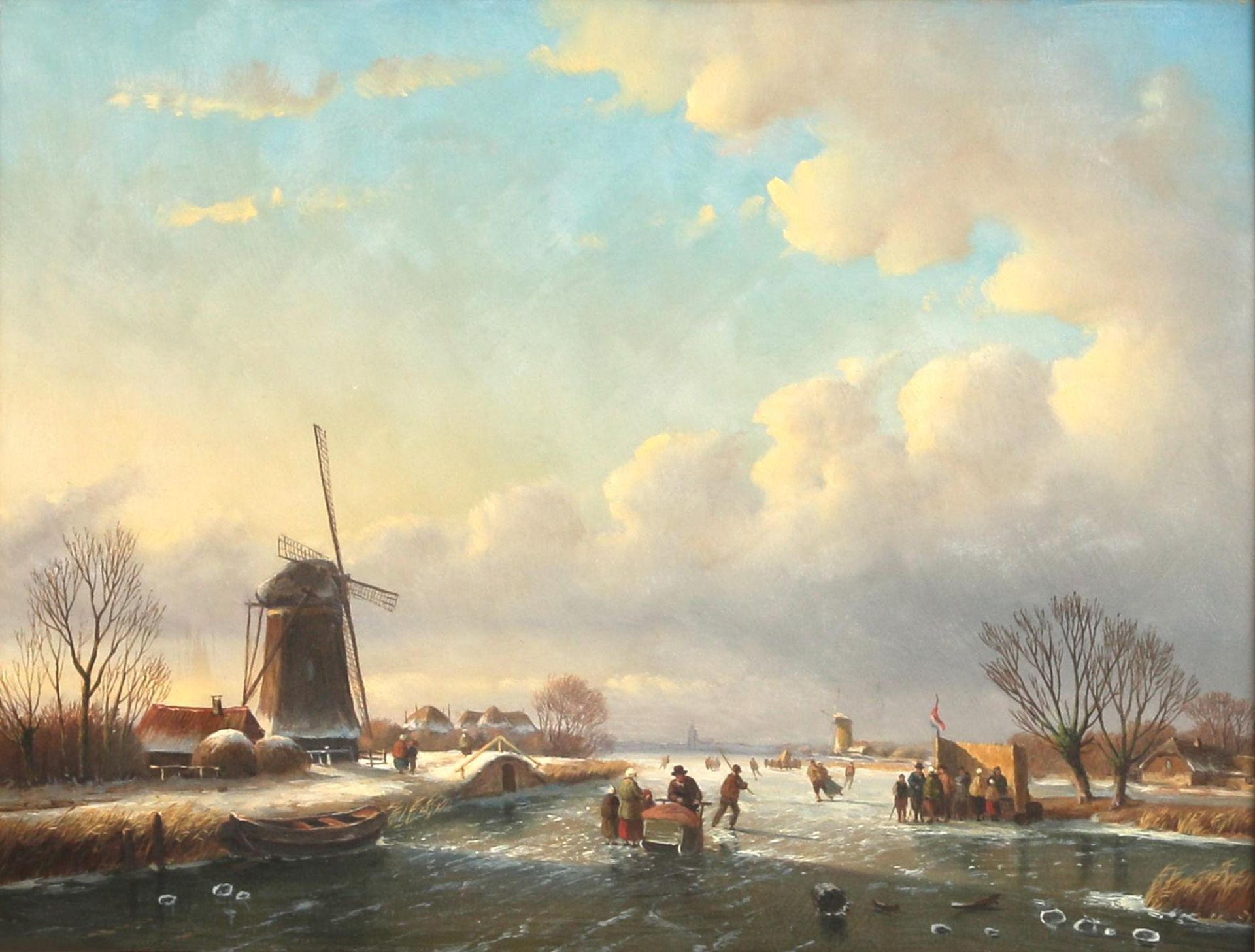Hollandse school, 19e/ begin 20ste eeuw 'Winter landscape with sales stall', unsigned, oil on panel.