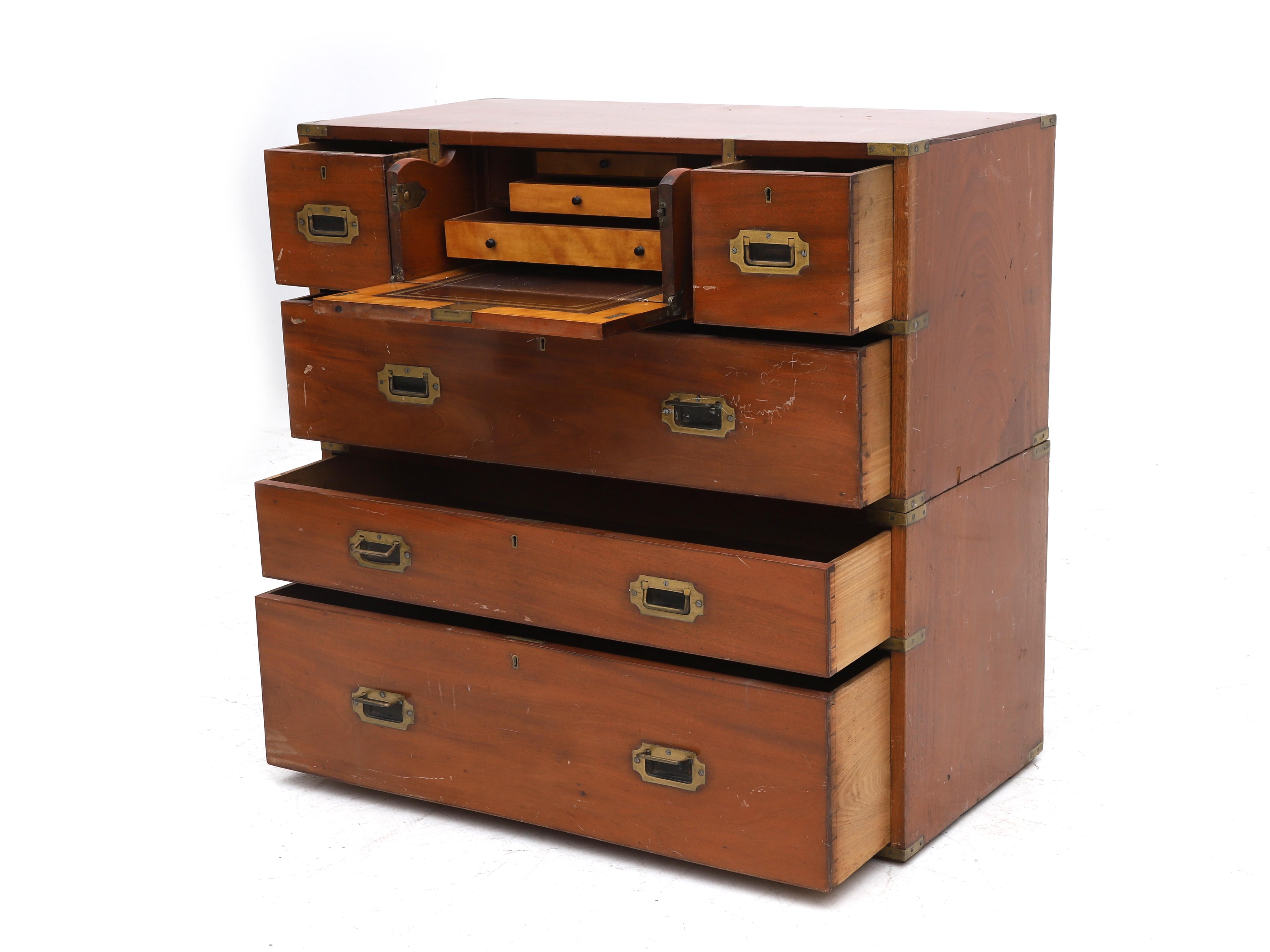 A Mahogany Campaign Desk signed on the lock of the middle drawer of the top row, Bramah London. The - Image 2 of 4