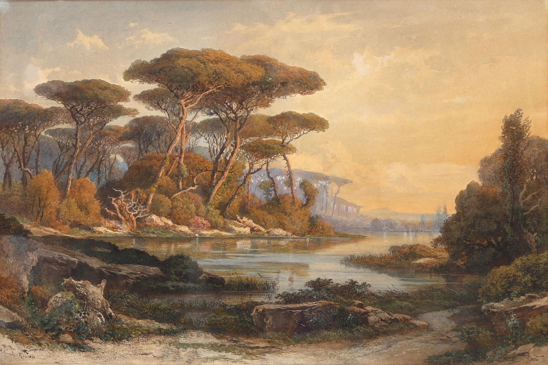 Hermann David Solomon Corrodi (1844-1905) 'Roman river view with pine trees', signed and dated lower