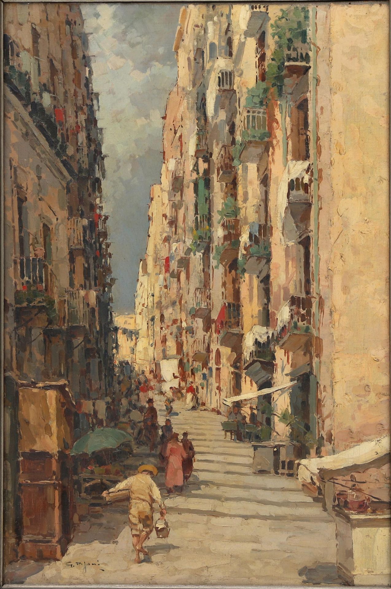 Gustavo Pisani (1877 - 1948) Spaccanapoli in Napels, signed l.l. Olieverf op doek 57 x 37 cm.