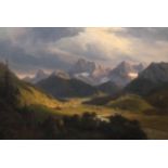 Duitse/Oostenrijkse school, 19e/20ste eeuw 'Wide mountain landscape', oil on canvas Olieverf op