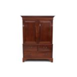 The upper section with two doors, the lower section with drawers, brass handles. The interior with