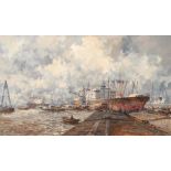 Marinus de Jongere (1912 - 1978) View on steamships in the Waalhaven in Rotterdam, signed lower