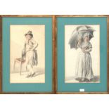 Onbekende kunstenaar, 18e eeuw Two drawings, 'a man leaning on a chair' and 'a woman with umbrella'.