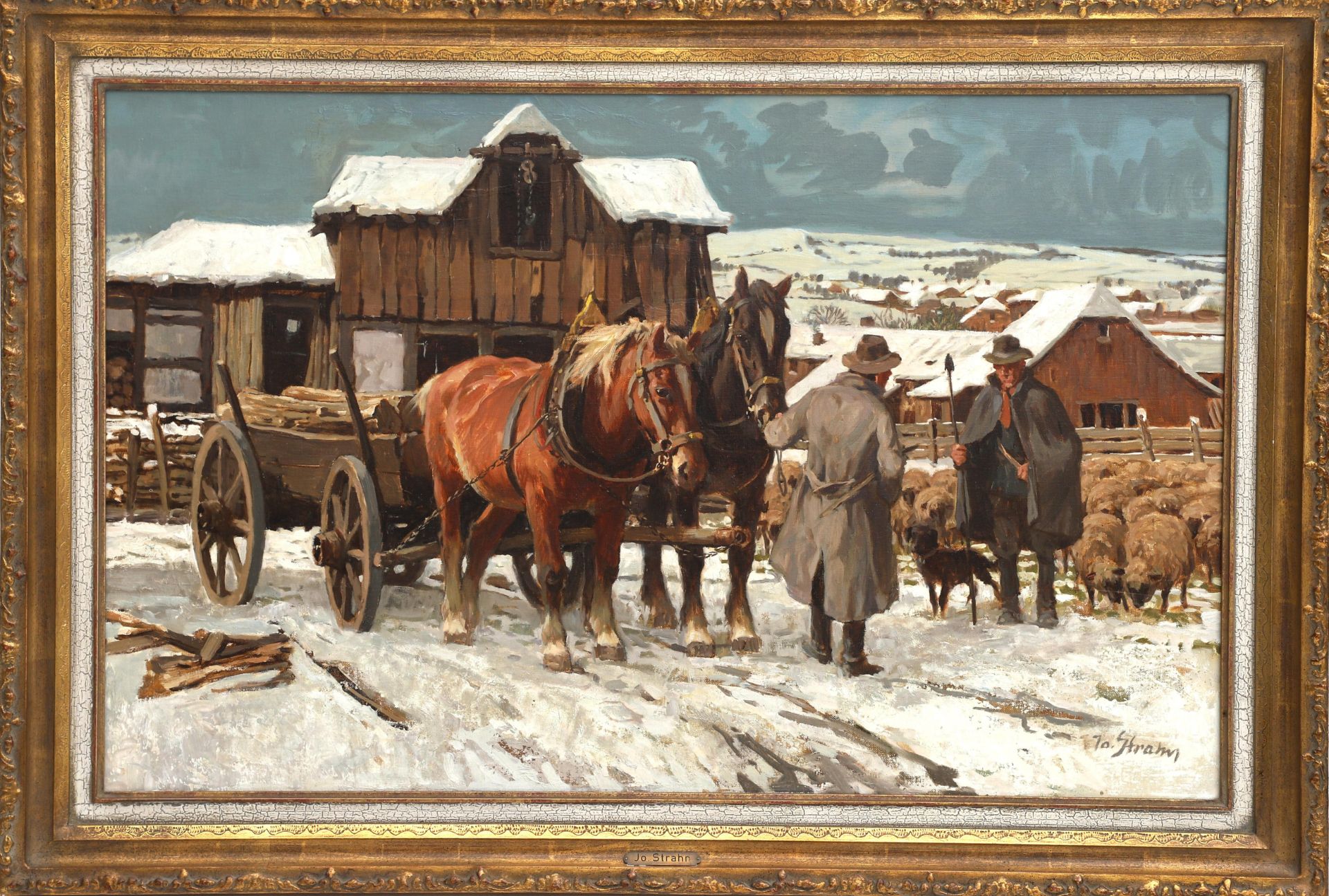 Peter Josef Strahn (1904-1997) "A horse cart and a shepherd with his flock on a snow covered - Bild 4 aus 4