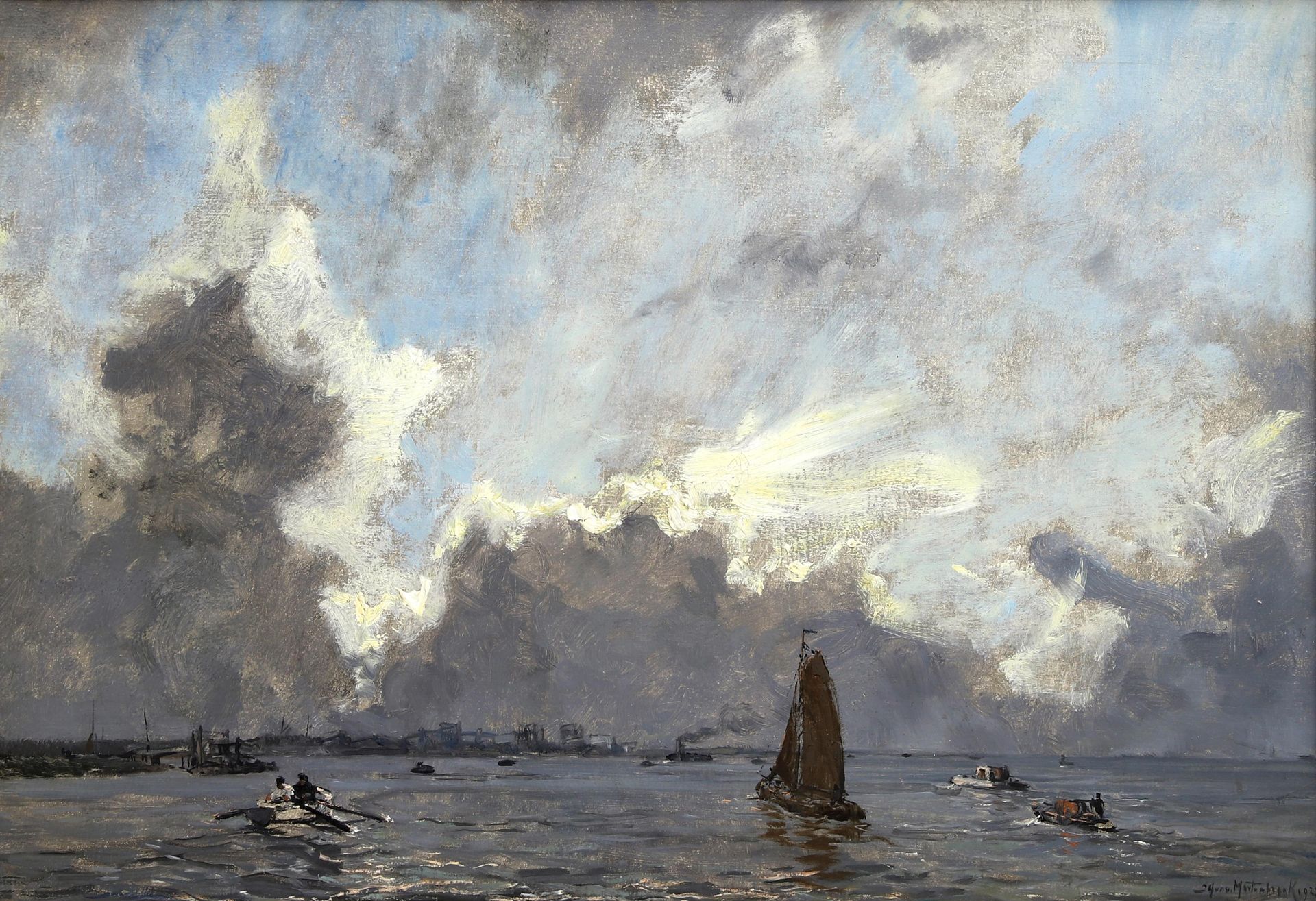 Johan Hendrik van Mastenbroek (1875-1945) River landscape 'Le Giboulée' (spring clouds), signed