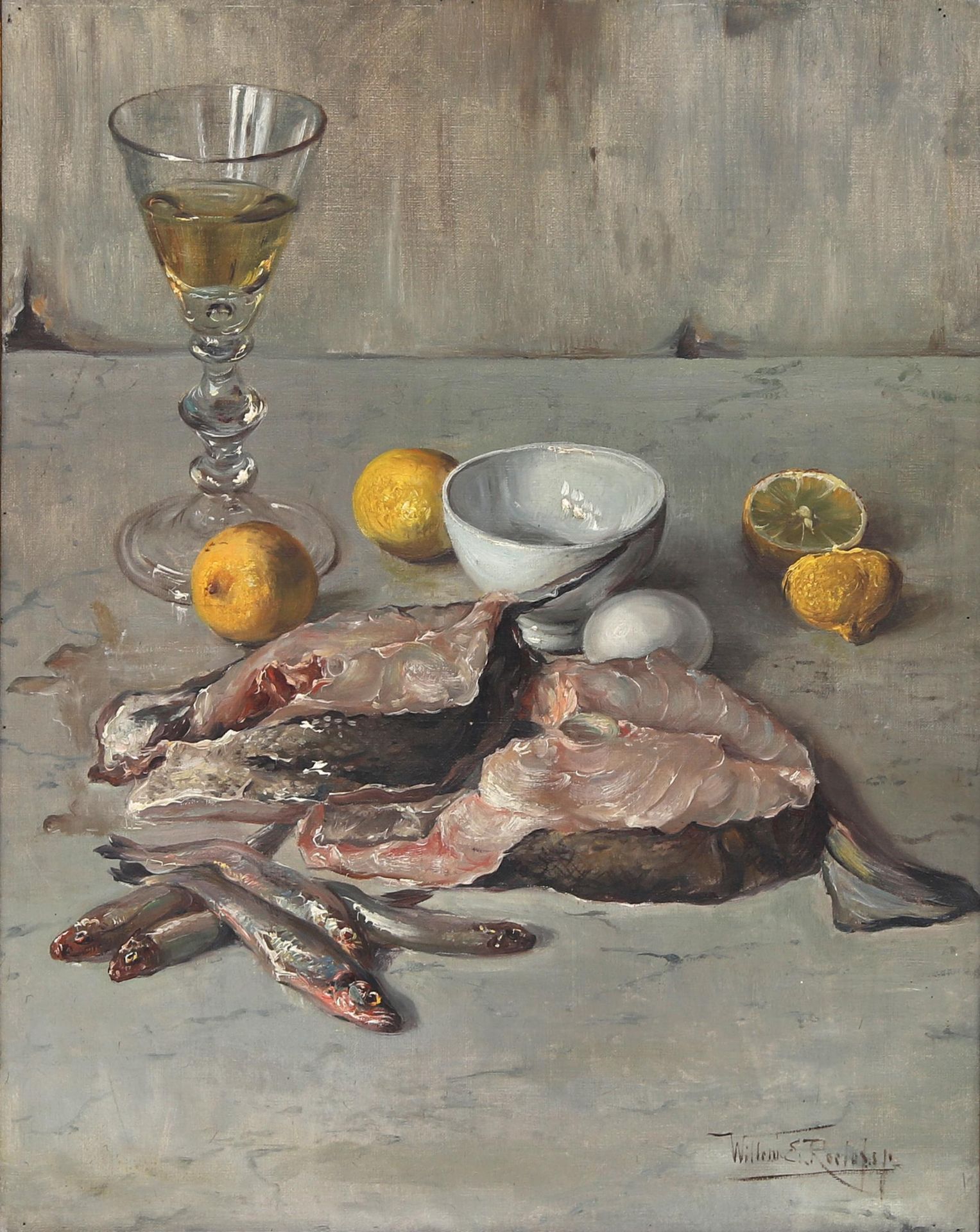 Willem Elisa Roelofs (1874-1940) 'Fish still life with lemons', signed 'Willem E. Roelofs fe' l.r.