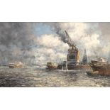 Marinus de Jongere (1912 - 1978) View on steamships with steam crane in the Waalhaven in
