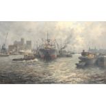 Marinus de Jongere (1912-1978) 'Rotterdam harbor with HAL building', signed l.l., on canvas.