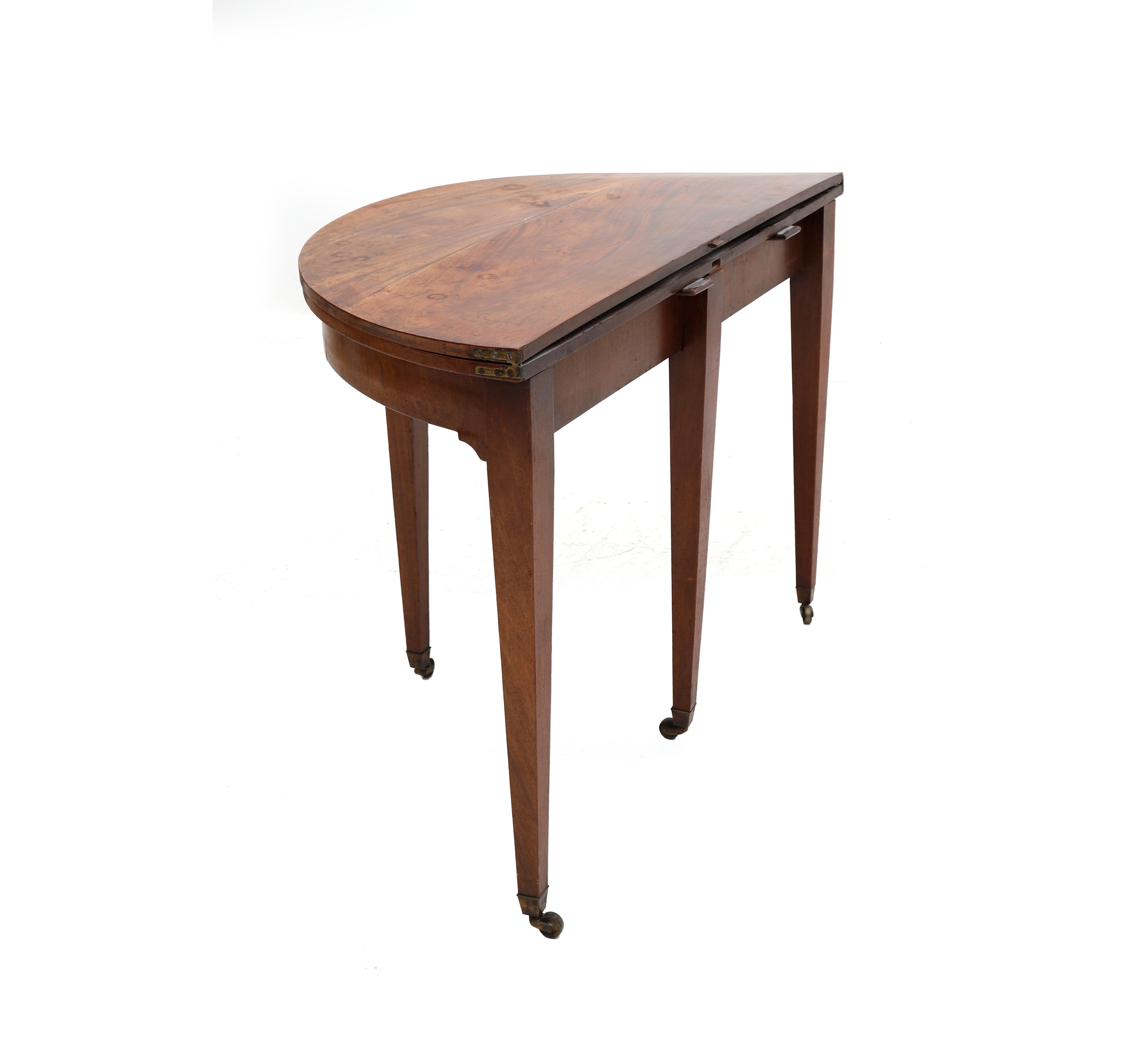 A mahogany demi-lune (crescent) table, Dutch, ca. 1800. The top in two halfs, extendable, resting - Image 6 of 6