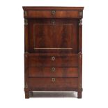 Mahogany veneered, with a wide drawer above a hinged top, behind which various compartments,