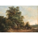 Europese school, 18e eeuw A landscape with resting figures at the edge of a forest, unsigned, oil on