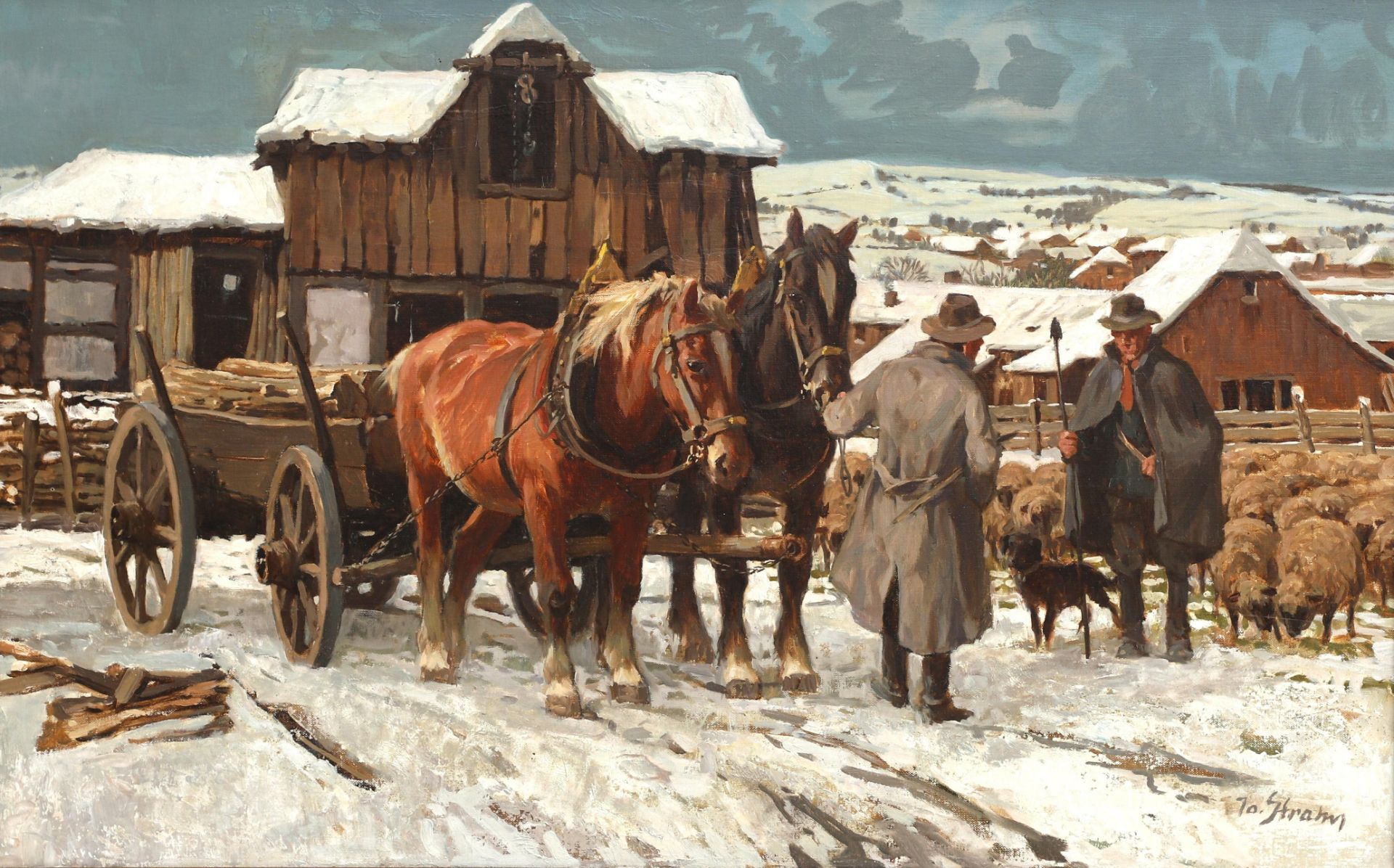 Peter Josef Strahn (1904-1997) "A horse cart and a shepherd with his flock on a snow covered - Bild 3 aus 4