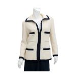 A white and dark blue wool Chanel blazer. Incl. fabric sample, extra button and Chanel coat