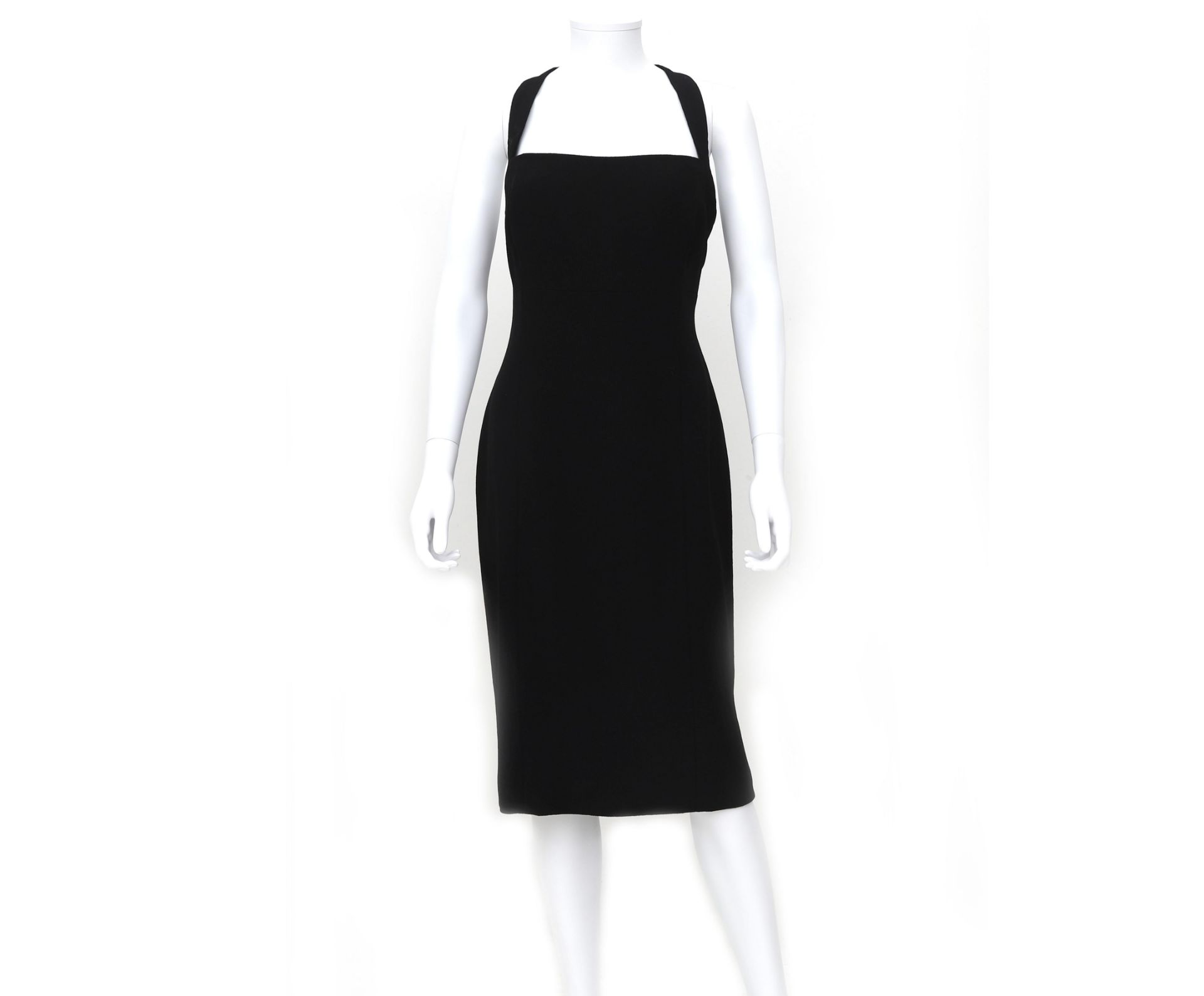 A Chanel Boutique, black bodycon dress with wide shoulder straps. Fabric: 95% silk, 5% lycra Size: