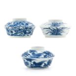 A Series of 3 Blue and White Covered Bowls