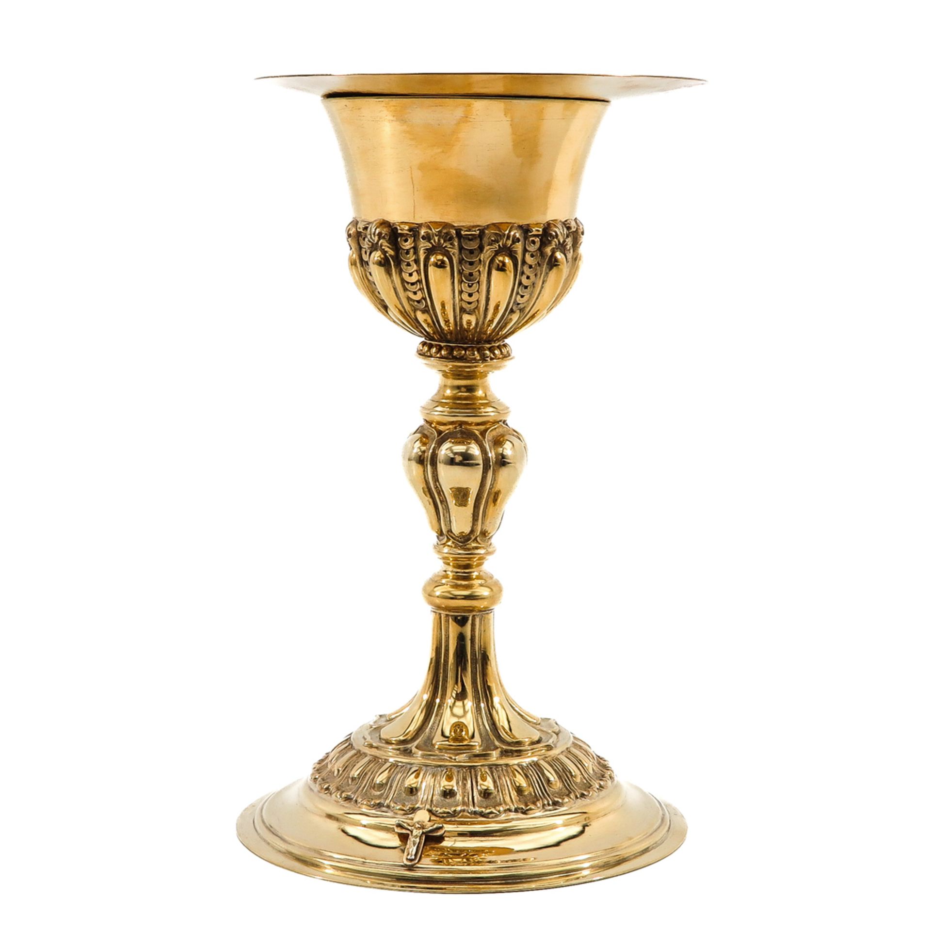 A Gold Plated Silver Chalice with Paten and Spoon - Image 4 of 10