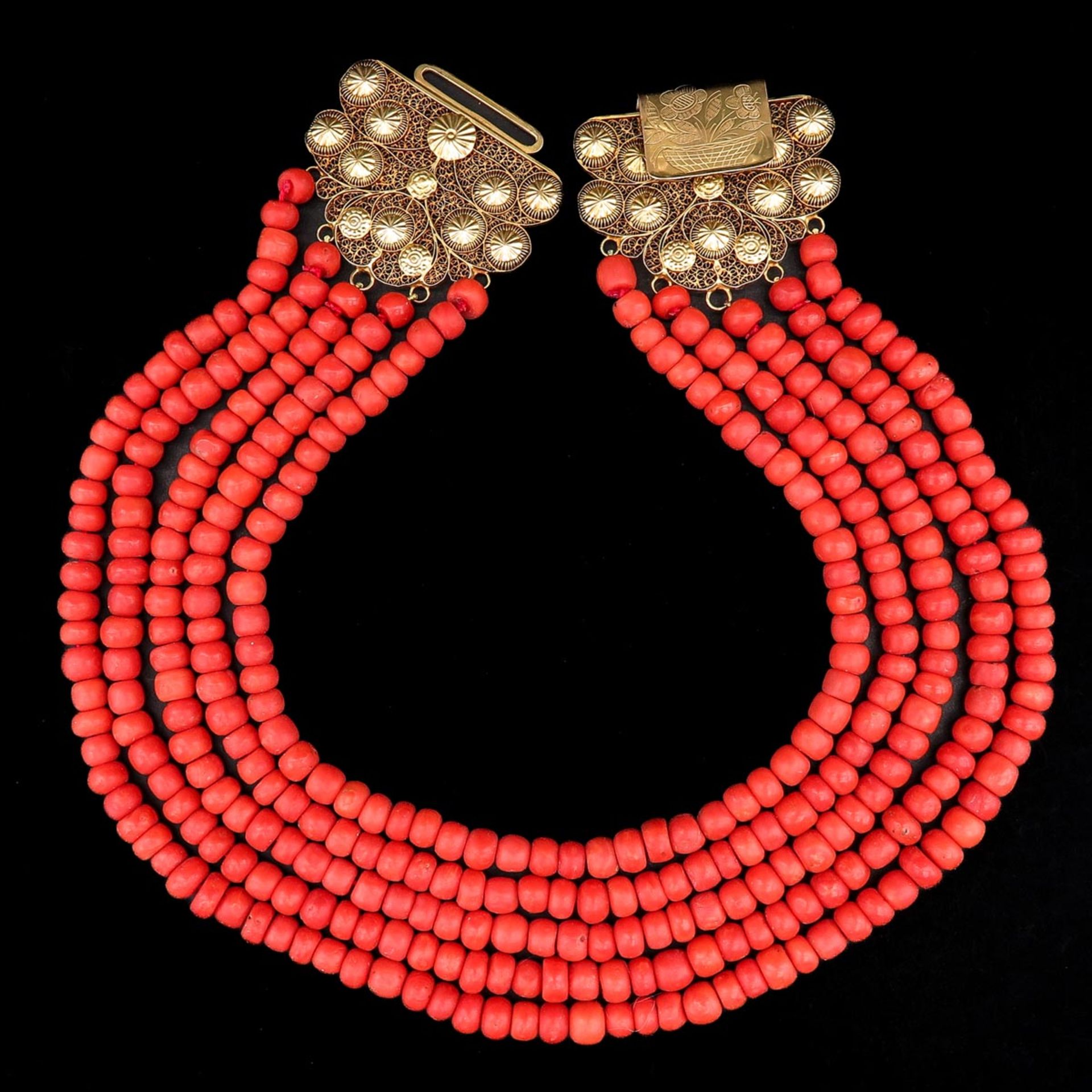 A 19th Century 5 Strand Red Coral Necklace on Gold Clasp