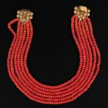 A 19th Century 6 Strand Red Coral Necklace on Gold Clasp
