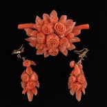 A Red Coral Brooch and Earrings