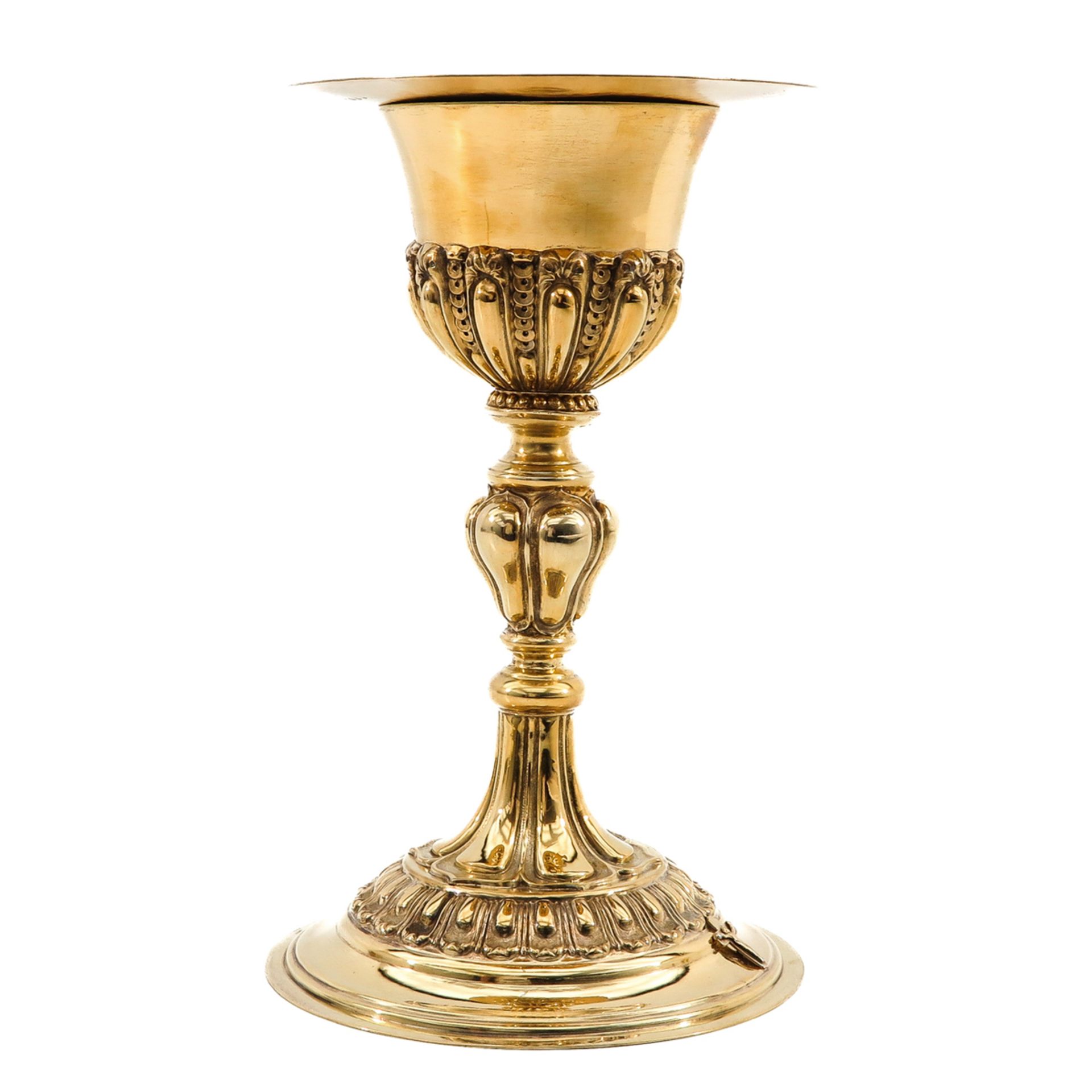 A Gold Plated Silver Chalice with Paten and Spoon - Image 3 of 10