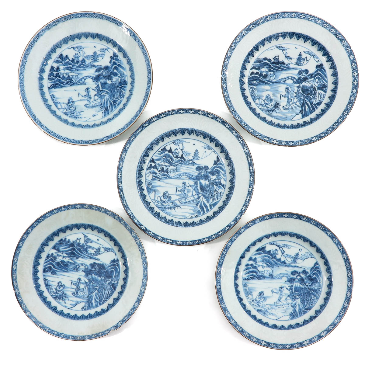 A Series of 5 Blue and White Plates