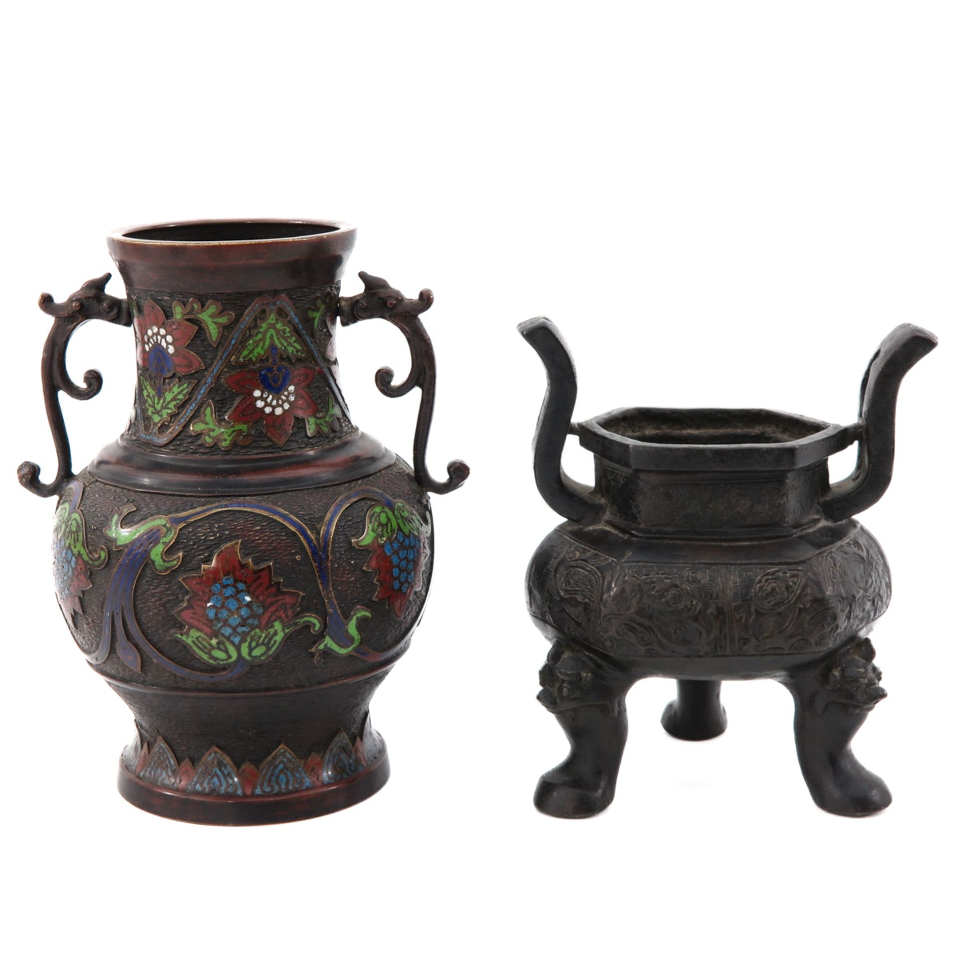 A Bronze Censer and Cloisonne Vase