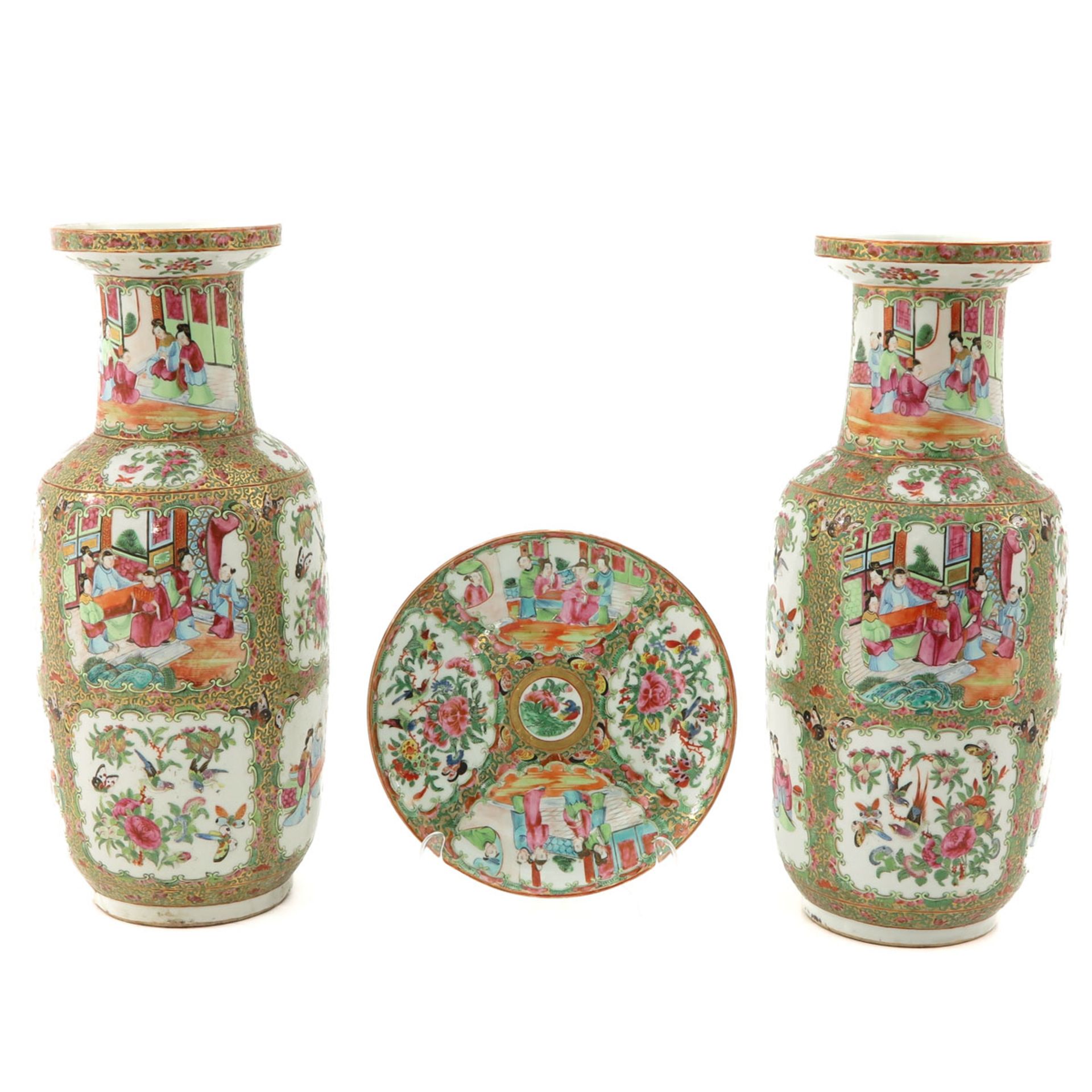 A Cantonese Plate and Pair of Vases