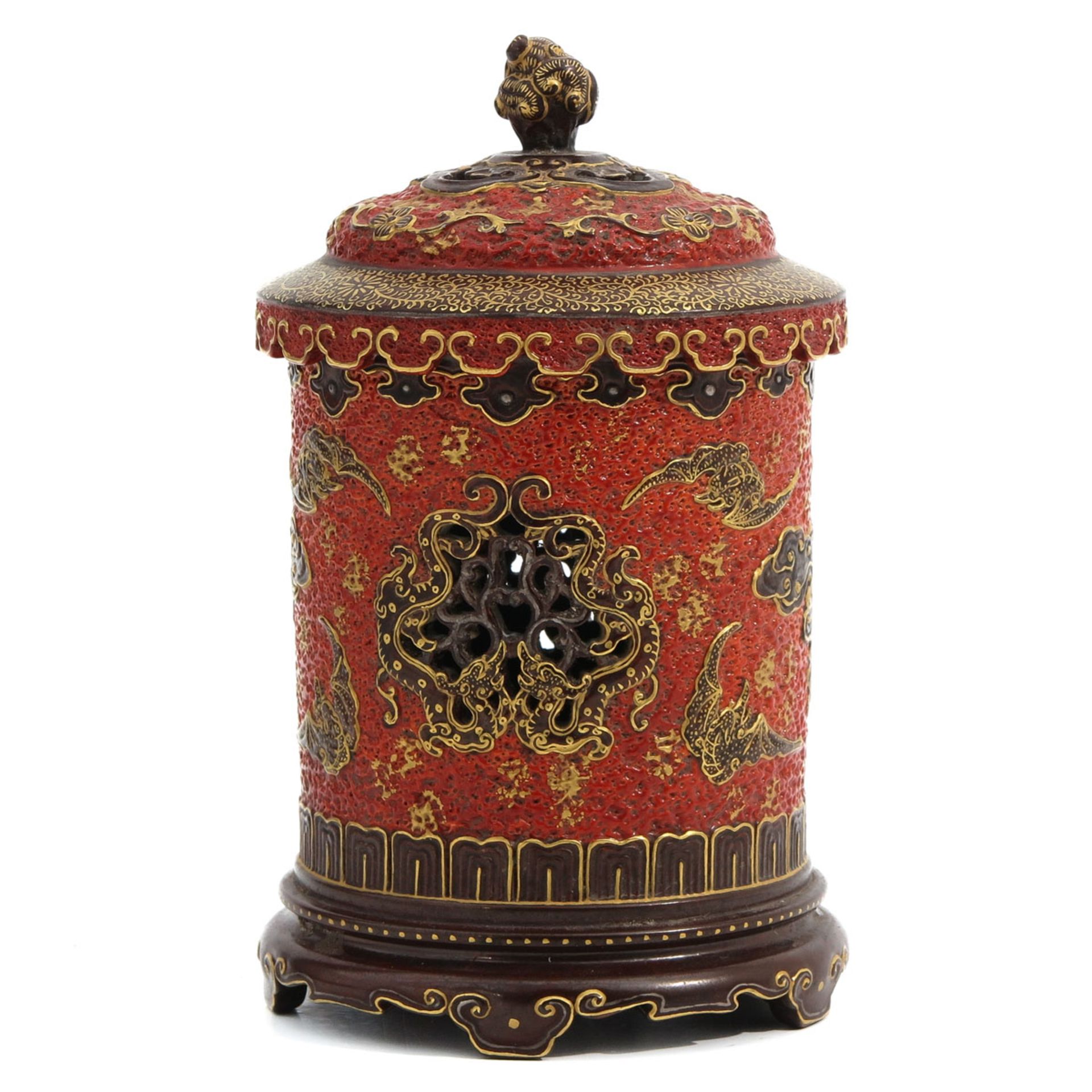 A Orange and Gilt Pot with Cover