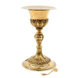 A Gold Plated Silver Chalice with Paten and Spoon