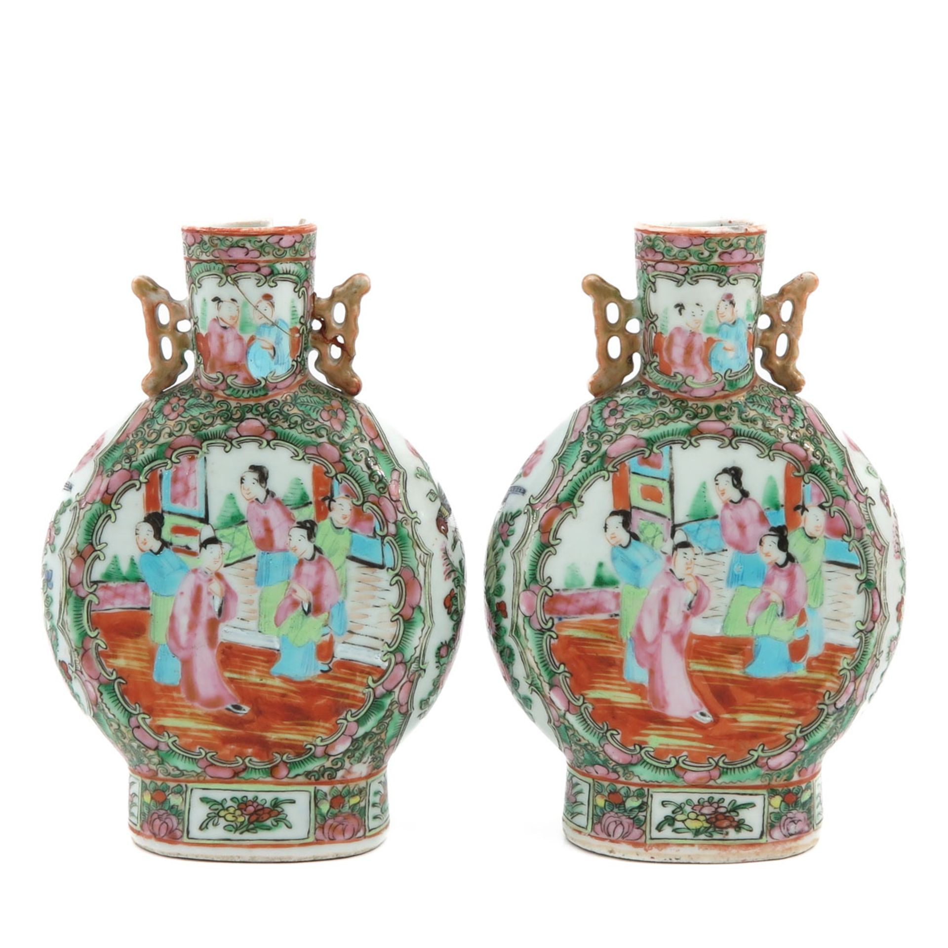 A Pair of Cantonese Moon Bottle Vases