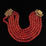 A 19th Century 6 Strand Red Coral Necklace on 18KG Clasp