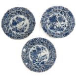A Series of 3 Blue and White Peony and Bird Chargers